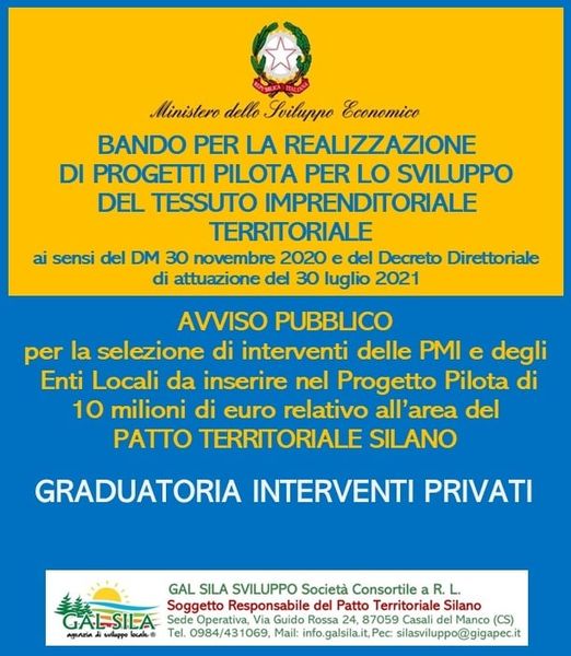 Pubblicazione graduatoria di selezione degli interventi dei soggetti privati da inserire nel progetto pilota del patto territoriale silano