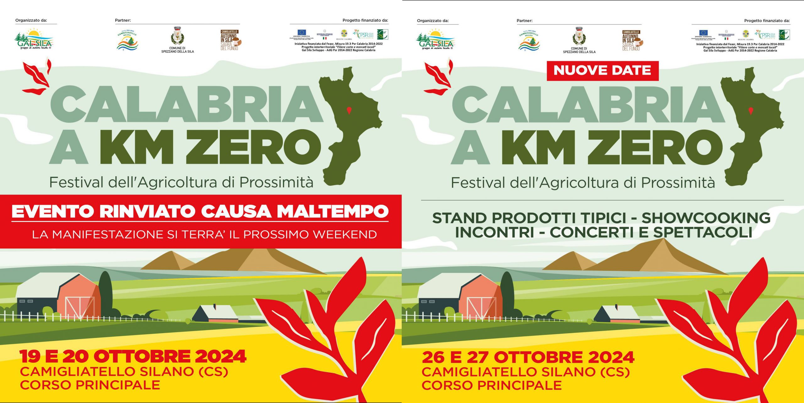 A causa delle avverse condizioni climatiche previste per questo fine settimana, l’evento “Calabria a Km Zero – Festival dell’Agricolturà di prossimità” a Camigliatello Silano è rinviato al 26 e 27 ottobre